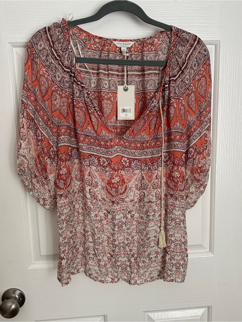 Lucky Brand Coral and Cream Paisley Peasant Blouse